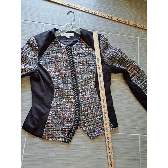 Boston Proper Womens Size 12 Sequins Tweed Blazer Black Panels Embellished Trim - Picture 7 of 9